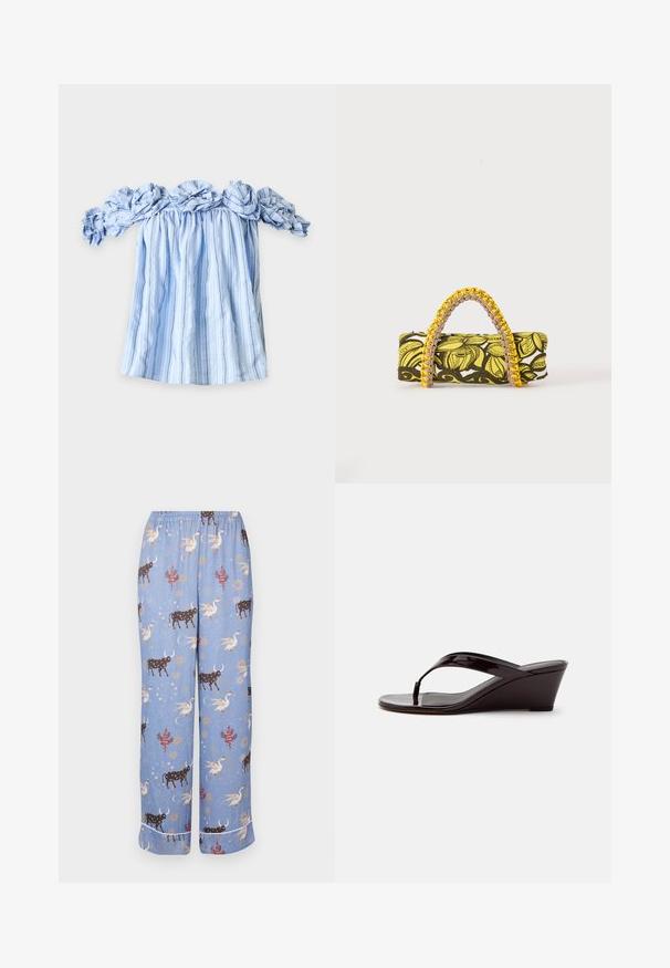 Blusa de rayas verticales azules y blancas sin hombros con escote y mangas con volantes, extendida sobre un fondo blanco.; Pantalones de pijama azules con un patrón caprichoso que presenta vacas, criaturas míticas y elementos celestiales; cinturilla elástica y piernas anchas.; Sandalia de cuña de charol marrón con tira entre los dedos y punta abierta, mostrada de perfil sobre un fondo liso.; Bolsa rectangular con patrón floral en amarillo y negro y asa trenzada amarilla y rosa sobre fondo blanco.
