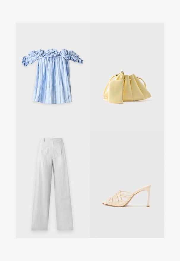 Blå og hvide lodrette stribede off-shoulder bluse med flæset halsudskæring og ærmer lagt fladt på en hvid baggrund.; Hvide linned bukser med vidde, foran lukket med en knap, plisseringer ved taljen og et let struktureret stof.; Beige højhælede mules med et stribet design. Har en firkantet tå, en glat tekstur og en slank hæl med en gylden accent ved bunden.; Blød gul håndtaske med snørelukning og en tilhørende lille lynlås-pung, sat mod en ensfarvet hvid baggrund.