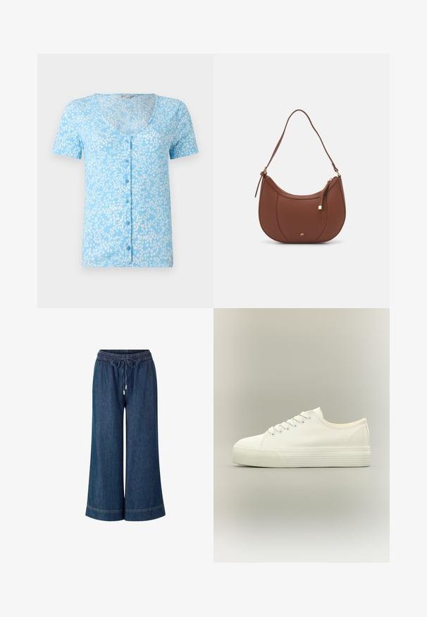 Lichtblauw T-shirt met korte mouwen, een diepe V-hals en knopen aan de voorkant. Kenmerkt zich door een textuurstof met witte bloempatronen doorheen.; Denim wijde broek met een elastische tailleband, trekkoordsluiting en zilveren hardwareaccenten. Diepblauwe kleur met gestikte zoom.; Witte lage canvas sneaker met veters aan de voorkant en dikke, getextureerde rubberen zool op een neutrale achtergrond.; Bruine faux leren schoudertas met een gebogen vorm, minimale stiksels en een gouden hardware-accent. Voorzien van een bovenste ritsluiting en een verstelbare schouderband.