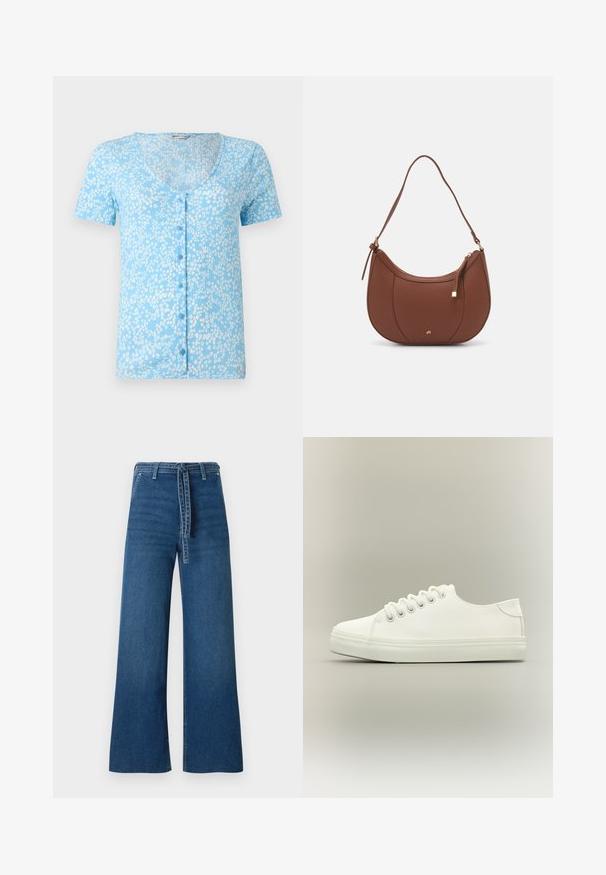 Lichtblauw T-shirt met korte mouwen, een diepe V-hals en knopen aan de voorkant. Kenmerkt zich door een textuurstof met witte bloempatronen doorheen.; TOM TAILOR DENIM TTMIJA CULOTTE FIT - Flared Jeans - used mid stone blue denim; Witte lage sneaker met witte veters en rubberen zool, zijaanzicht op een neutrale achtergrond.; Bruine faux leren schoudertas met een gebogen vorm, minimale stiksels en een gouden hardware-accent. Voorzien van een bovenste ritsluiting en een verstelbare schouderband.