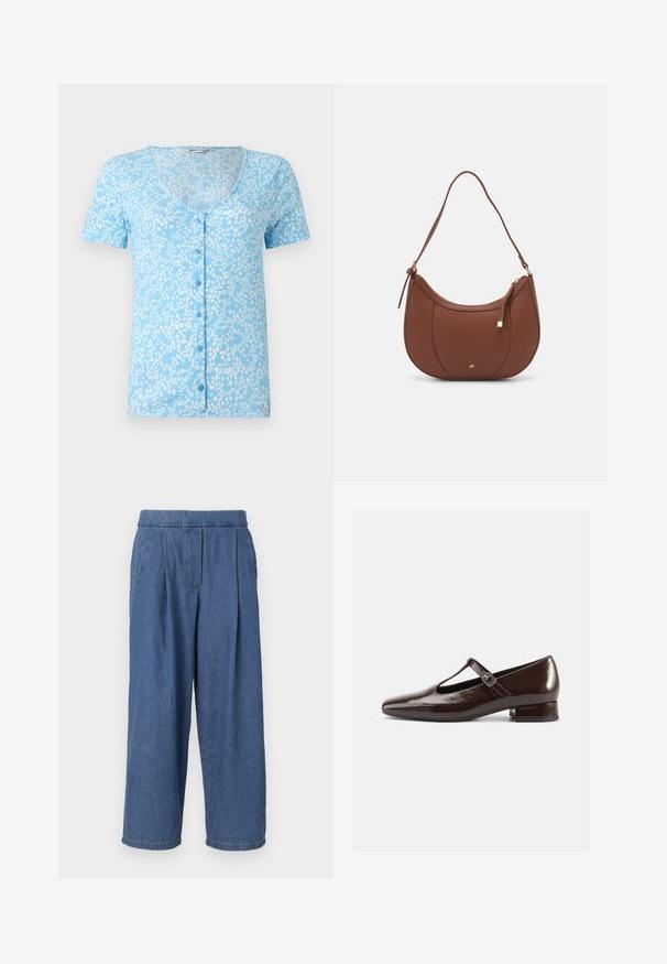 Lichtblauw T-shirt met korte mouwen, een diepe V-hals en knopen aan de voorkant. Kenmerkt zich door een textuurstof met witte bloempatronen doorheen.; Blauwe denim wijde broek met een ontspannen pasvorm, voorzien van een knopenloze tailleband, voorplooien en twee zijzakken.; Bruine lakleren Mary Jane-schoenen met een afgeronde neus, een uitgesneden ontwerp en een verstelbare riem. Lage blokhak.; Bruine faux leren schoudertas met een gebogen vorm, minimale stiksels en een gouden hardware-accent. Voorzien van een bovenste ritsluiting en een verstelbare schouderband.
