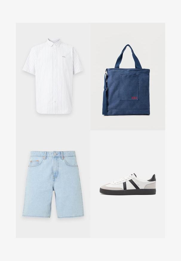 Chemise blanche à manches courtes avec boutons sur le devant, rayures verticales gris clair et une poche poitrine ornée d’un petit texte brodé.; Short en denim bleu clair avec poches avant, passants de ceinture, bouton en métal et fermeture éclair sur un fond blanc uni.; Baskets blanches avec des accents noirs et gris, présentant un embout texturé gris, une semelle en caoutchouc noir et des lacets plats blancs. Design épuré, style minimaliste.; Sac fourre-tout en toile bleue avec poche frontale et broderie rouge "O.N.S", doté de doubles poignées et d'une bandoulière réglable.