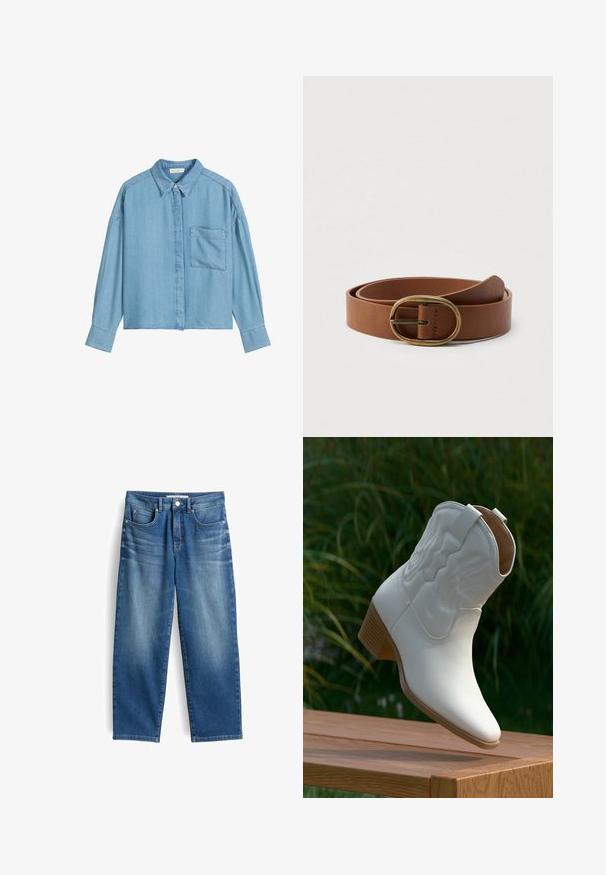 Chemise en denim bleu clair avec un col pointu, fermeture à boutons et une poche poitrinaire. Présente des manches longues et une coupe décontractée.; Jean en denim bleu avec une coupe droite, cinq poches et un léger délavage sur les cuisses. Doté d'une fermeture à bouton et de passants de ceinture.; Botte de cowboy blanche en cuir mi-mollet avec coutures décoratives et talon empilé en bois, posée sur une surface en bois à l'extérieur.; Ceinture en cuir marron enroulée avec une boucle ovale en laiton, présentée sur un fond blanc uni.