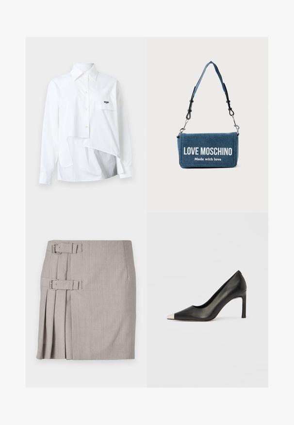 Weißes Langarmshirt mit asymmetrischem Saum und Vorderseite mit Tasche, die ein kleines schwarzes "Moschino"-Logo auf einem schlichten Hintergrund zeigt.; Grauer Rock aus strukturiertem Stoff, mit seitlichen Falten und zwei Schnallenakzenten für eine individuell anpassbare Passform. Klassische gerade Form, knielanges Design.; Schwarzer Lederschuh mit hohem Absatz, spitz zulaufender Zehenpartie und metallischer silberner Spitze. Verfügt über eine glatte Oberfläche und einen schlanken 10 cm hohen Absatz.; Denim-Schultertasche mit abnehmbarem Riemen, auf der Klappe vorne steht "LOVE MOSCHINO Made with love".