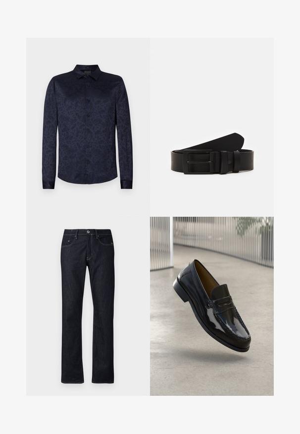 Mørkeblåt langærmet skjorte med paisley-mønster, lavet af glat stof. Har en standard krave og knaplukning.; Mørkeblå denim jeans med lige ben-design, der har standard fem-lomme stil, kontrasterende syninger og knappelukning.; Sorte patentlæder loafer med en syet detalje, rund tå, lav hæl og glat overflade, præsenteret mod en neutral baggrund.; Sort læderbælte rullet med en mat sort rektangulær metalspænde og to bæltesløjfer på en hvid baggrund.
