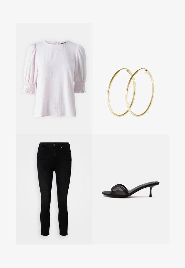 Lyserød bluse med en struktureret stof, korte puffede ærmer, smockede manchetter og en rund udskæring med knaplukning i ryggen.; ONLY Petite ONLPOWER MID PUSH UP - Jeans Skinny Fit - washed black; Sort åben tå mule sandal med tyndt netstrop og lav lav hæl på en ensfarvet lys grå baggrund.; Guld hoops øreringe med et glat, rundt design og en blank finish. Letvægts konstruktion med en sikker låsemekanisme.