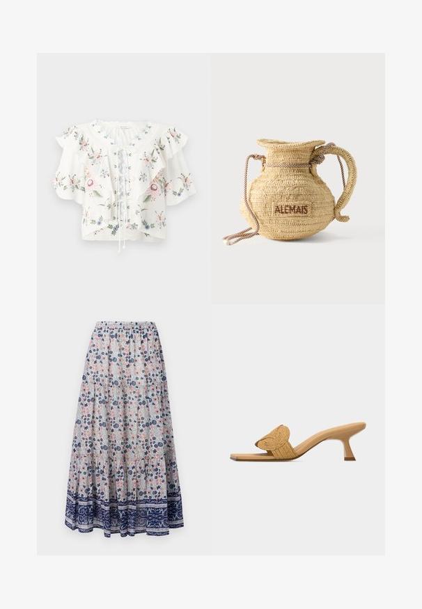 Blusa blanca con bordado floral, mangas anchas con volantes, escote festoneado y detalle de cordones en la parte delantera.; Falda maxi floral con fondo gris, que presenta flores rosas y azules, diseño en capas y un dobladillo con patrón en azul marino. Cintura elástica.; Zueco beige de punta abierta con un tacón bajo de estilo kitten y una tira decorativa circular tejida en la parte frontal.; Bolso redondo de paja tejido con asa de cuerda y "ALEMAIS" bordado en un lateral con hilo marrón.