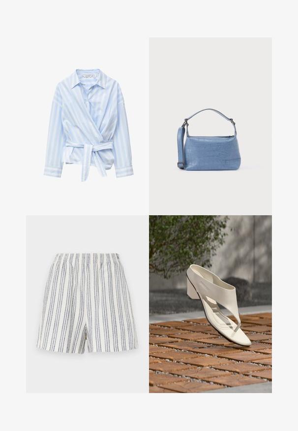 Blouse portefeuille à manches longues rayée bleu clair et blanc, avec col et ceinture nouée à l'avant.; Shorts rayés en tissu léger, présentant des rayures verticales bleues et blanches, une taille élastique et une coupe décontractée.; Sandale à talon en cuir blanc avec une large bride et un entre-doigts, exposée en extérieur sur une surface carrelée en bois et en gravier avec de la verdure en arrière-plan.; Sac à main bleu clair embossé façon crocodile avec une poignée courte et une bandoulière amovible. Texture lisse avec une fermeture éclair.