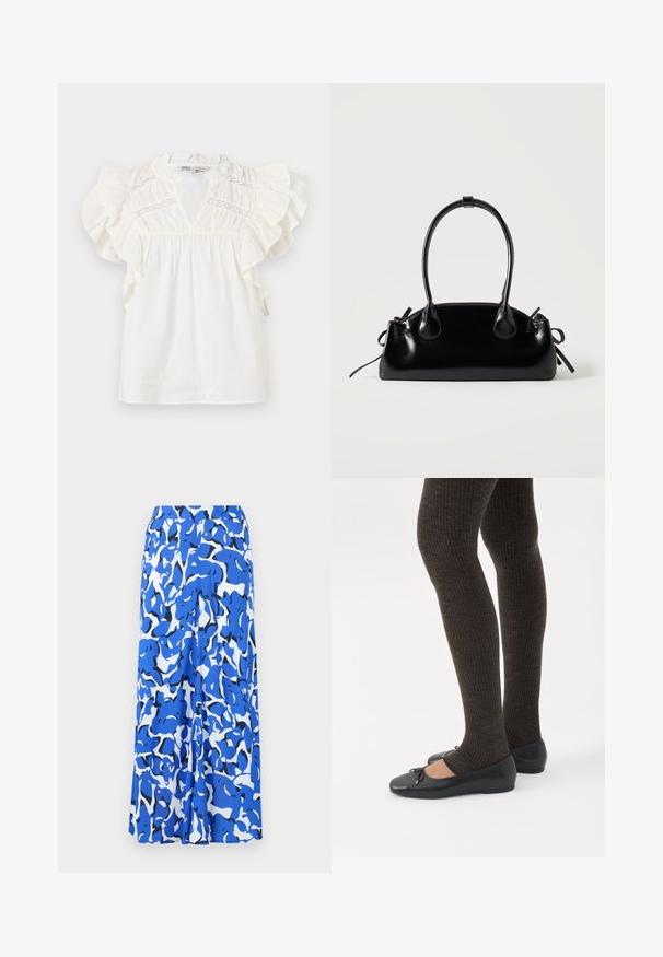 Blusa blanca con mangas de volante, escote en forma de V y detalle de inserción de encaje en el pecho. Confeccionada en una tela ligera y texturizada.; Falda larga con un patrón abstracto en azul y blanco, fabricada en un tejido ligero, con una cinturilla ancha y un silueta recta con aberturas laterales.; Piernas con leggings oscuros acanalados combinados con bailarinas negras que presentan pequeños detalles de lazo sobre un fondo blanco.; Pequeño bolso negro brillante con dos asas largas y detalles de cordón lateral sobre un fondo claro liso.