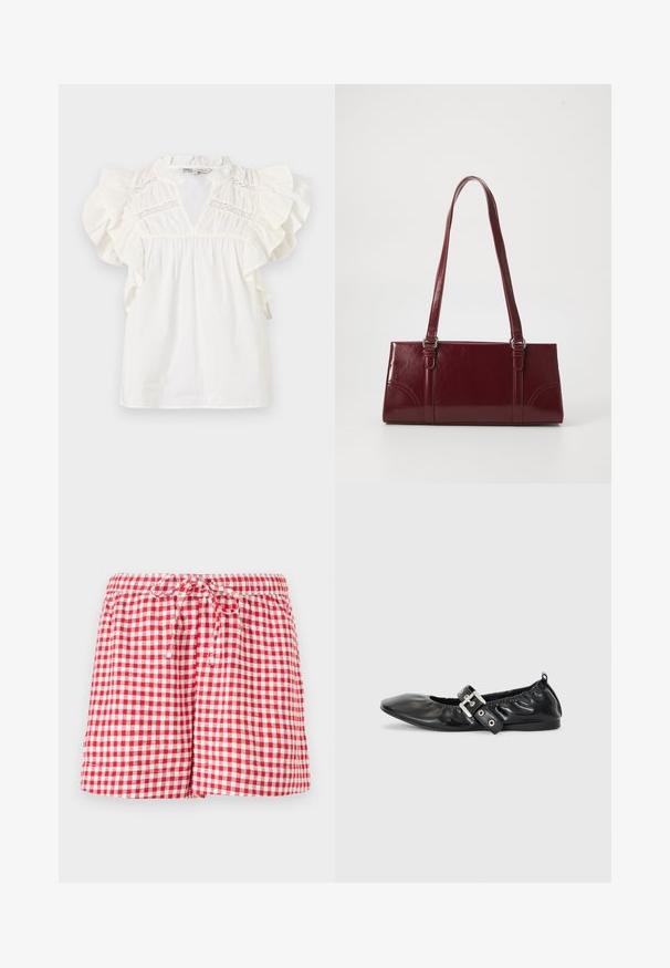 Blouse blanche avec des manches courtes à volants, un décolleté en V et des détails en dentelle sur la poitrine. Fabriquée en tissu léger et texturé.; Shorts à carreaux rouges et blancs avec une taille élastique et un cordon de serrage. Présentent une coupe décontractée et des bords ourlés. Le tissu semble léger.; Chaussure plate en cuir noir avec un nez pointu, des détails froncés autour de l'ouverture et un accent en boucle argentée sur la bride ajustable.; Sac à main bordeaux en matériau brillant, de forme rectangulaire, avec deux anses et des accents légèrement courbés à l'avant.