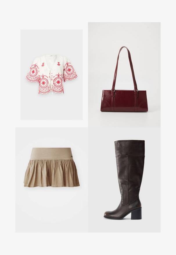 Hvid bluse med rød blomster- og cirkulær broderi, korte puffede ærmer, V-hals og snørelukning foran.; Beige bomuldsnederdel med en rynket kant, der har et bredt elastisk taljebånd. Let materiale med en blød tekstur og afslappet design.; Brun læder knæhøj støvle med rund tå og stablet hæl. Har en glat tekstur og sidelægning som detalje.; Bordeaux håndtaske lavet af glansfuldt materiale, rektangulær form, med to skulderremme og subtile buede detaljer på forsiden.