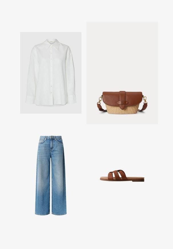 Camisa blanca de manga larga con cuello puntiagudo y botones frontales, mostrada sobre un fondo neutro.; Jeans de mezclilla azul de pierna ancha con un lavado claro, cintura alta, bolsillos delanteros y un sutil efecto de desvanecimiento a lo largo de las piernas. Terminados con un cierre de botón.; Sandalia plana marrón con tres amplias correas de cuero que cruzan el pie y una suela ligeramente elevada en el talón.; Bolso bandolera de cuero marrón y paja tejida con cierre de solapa y correa ajustable con cierres en tono dorado.