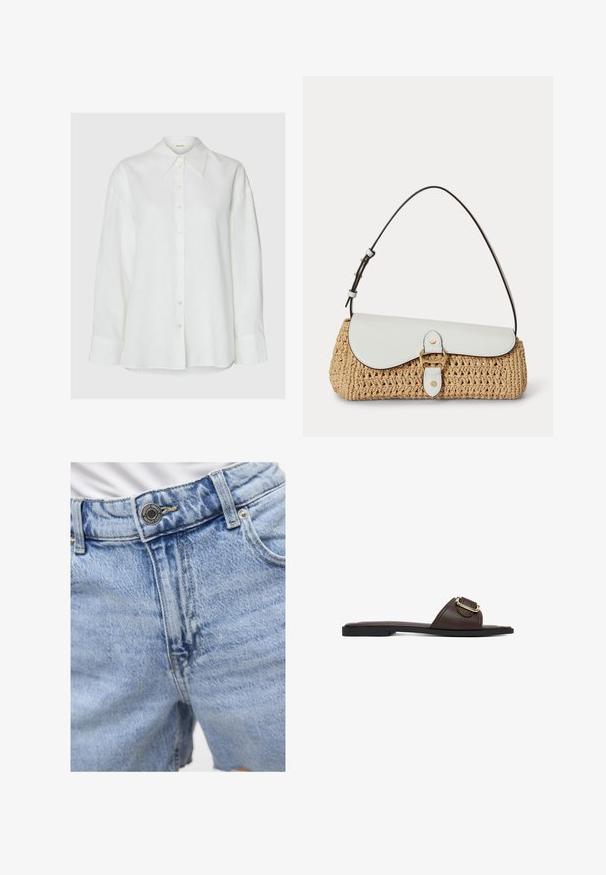 Camisa blanca de manga larga con cuello puntiagudo y botones frontales, mostrada sobre un fondo neutro.; Pantalones cortos de denim azul claro con cintura alta, costuras visibles, dos bolsillos delanteros y cierre de botón de metal. Textura suave.; Sandalia plana marrón con una tira ancha y detalle de hebilla dorada sobre una suela negra, sobre fondo blanco.; Bolso de paja tejida con solapa de cuero blanco, hebilla dorada y correa de hombro ajustable en marrón oscuro sobre fondo blanco.