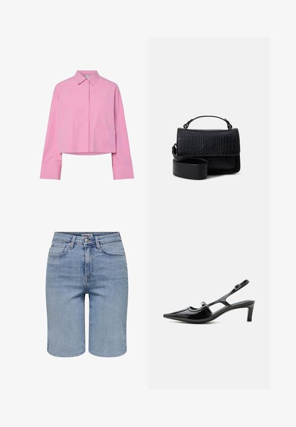Pink cropped skjorte med lange ærmer, spidst krave, skjulte knapper foran og to forlommer.; Lyseblå denimshorts med forlommer, bæltestropper, en metalknap og en lynlåslukning.; Sort laklæder spids tå slingback sko med lav hæl og to justerbare spænder, vist i sideprofil.; Sort krokodilleder tekstureret crossbody taske med en aftagelig rem og top håndtag, der har en klaplukning og en glat overflade.