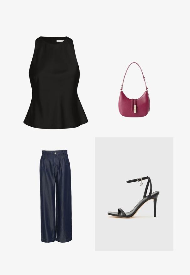 Schwarzes ärmelloses Top mit hohem Kragen, ausgestelltem Saum und glatter Textur. Verfügt über einen Reißverschluss in der Mitte des Rückens und ein minimalistisches Design.; Marineblaue Jeans mit weitem Bein und hohem Bund, die über Frontfalten und goldene Nähte verfügt, eine glatte Textur hat und mit einem Knopfverschluss ausgestattet ist.; Schwarze High-Heel-Sandale mit schmalem Knöchelriemen, quadratischer Zehenbox, glattem Leder und metallischem Schnallenakzent.; Kleine gebogene magentafarbene Lederhandtasche mit verstellbarem Schulterriemen und goldfarbenem Verschluss in der vorderen Mitte.