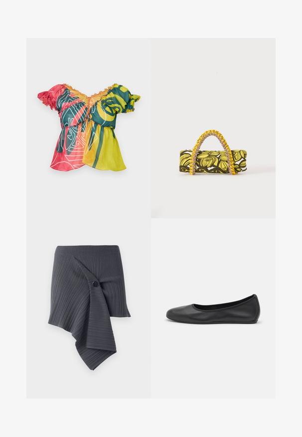 Paolina Russo BABBY DOLL - Top - neon sunset; Tmavošedá rebrovaná obwrap sukňa s krúteným dizajnom a okrúhlou čiernou gombíkovou akcentáciou. Vyrobená z textúrovaného, elastického materiálu.; Čierne kožené baleríny s okrúhlou špičkou, hladkým povrchom, minimálnym prešívaním a flexibilným dizajnom podrážky.; Obdĺžna taška so žltým a čiernym kvetinovým vzorom a pletenou žlto-ružovou rukoväťou na bielom pozadí.