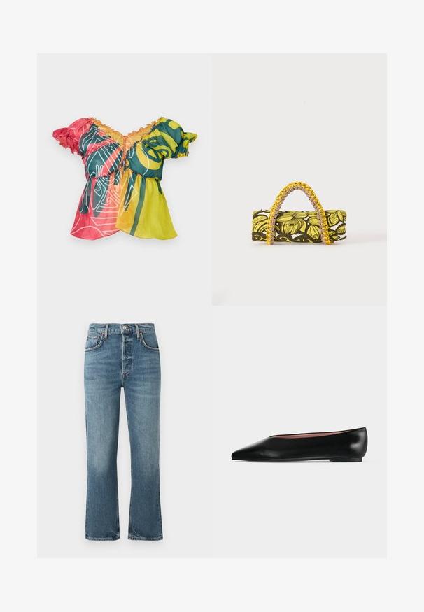 Paolina Russo BABBY DOLL - Top - neon sunset; Svetlomodré džíny z denimu s vysokým pásom, rovnými nohavicami a jemným obnosom. Obsahujú klasický dizajn s piatimi vreckami a kovové zapínanie na gombík.; Čierna kožená dámska balerína s špicatou špičkou a nízkym opätkom, zobrazená z boku na jednoliatom svetlosivom pozadí.; Obdĺžna taška so žltým a čiernym kvetinovým vzorom a pletenou žlto-ružovou rukoväťou na bielom pozadí.
