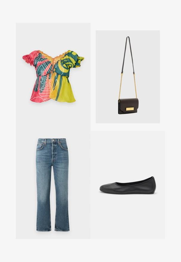 Paolina Russo BABBY DOLL - Top - neon sunset; Lichtblauwe denim jeans met een hoge taille, recht gesneden pijpen en subtiele vervaging. Kenmerken zijn klassieke vijf-pocket styling en een metalen knoopsluiting.; Zwarte leren ballerina met een ronde neus, gladde textuur, minimale stikdetails en een flexibele zoolontwerp.; Zwarte leren crossbodytas met een gouden kettingriem, een klepafsluiting en een rechthoekig gouden accent aan de voorkant. Soepele textuur.