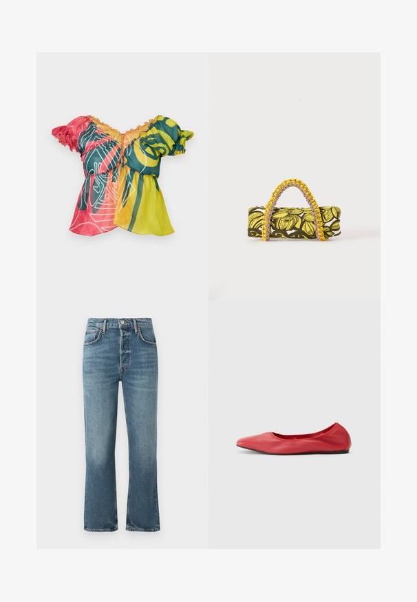 Paolina Russo BABBY DOLL - Top - neon sunset; Svetlomodré džíny z denimu s vysokým pásom, rovnými nohavicami a jemným obnosom. Obsahujú klasický dizajn s piatimi vreckami a kovové zapínanie na gombík.; Filippa K REY FLATS - Balerínky - bright red; Obdĺžna taška so žltým a čiernym kvetinovým vzorom a pletenou žlto-ružovou rukoväťou na bielom pozadí.