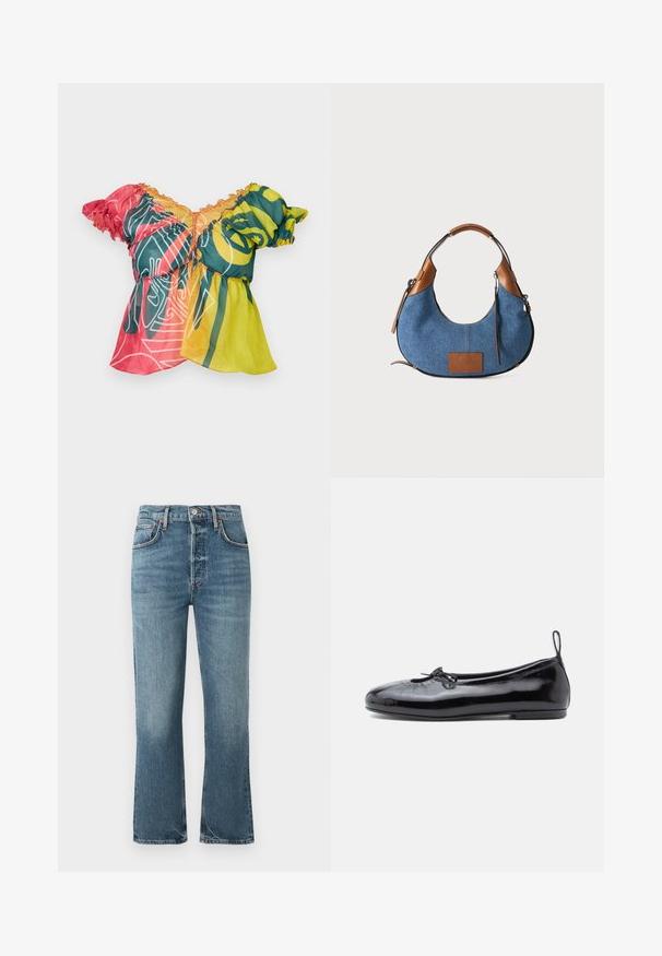 Paolina Russo BABBY DOLL - Top - neon sunset; Svetlomodré džíny z denimu s vysokým pásom, rovnými nohavicami a jemným obnosom. Obsahujú klasický dizajn s piatimi vreckami a kovové zapínanie na gombík.; Čierne lakované baletky s okrúhlou špičkou, malou mašlou a hladkou textúrou; majú nízky plochý podpätok a pútko na päte.; Modrá denimová polmesiacová kabelka s hnedým koženým lemovaním, rúčkou a malou prednou záplatou, zobrazená na jednolekom svetlom pozadí.