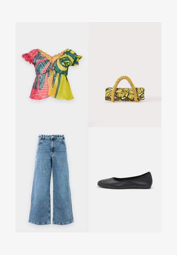 Paolina Russo BABBY DOLL - Top - neon sunset; Lichtblauwe denim wijde pijpen jeans met een hoge taille, grote voorkruiden en zichtbare stiksels. Beschikt over een klassieke vijf-pocketontwerp.; Zwarte leren ballerina met een ronde neus, gladde textuur, minimale stikdetails en een flexibele zoolontwerp.; Rechthoekige tas met geel-zwart bloemenpatroon en gevlochten geel-roze handvat op witte achtergrond.