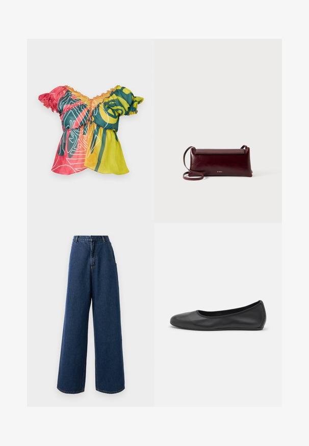 Paolina Russo BABBY DOLL - Top - neon sunset; Hoge taille wijde jeans in donkerblauwe denim met een sluiting aan de voorkant met knoop en rits, riemlussen en zijzakken.; Zwarte leren ballerina met een ronde neus, gladde textuur, minimale stikdetails en een flexibele zoolontwerp.; Bordeaux lederen schoudertas met een gladde textuur, rechthoekige vorm, klep sluiting en een dunne verstelbare schouderband. Gouden logo detail zichtbaar.