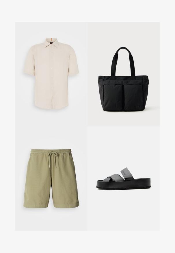 Kortærmet skjorte i lysebeige linned med kravlet krave, forreste knapper og en lige kant. Har en subtil tekstur.; Olivenfarvede shorts, lavet af bomuld, med elastisk talje og snøre, der har sidelommer og en lige pasform. Glat tekstur.; Sort platform slidesandal med to brede læderremme, der krydser over foden, og en stor rem nær anklen.; Sort tote bag med blødt stof, to forlommer og robuste håndtag. Logo vist på siden. Enkel, funktionel design.