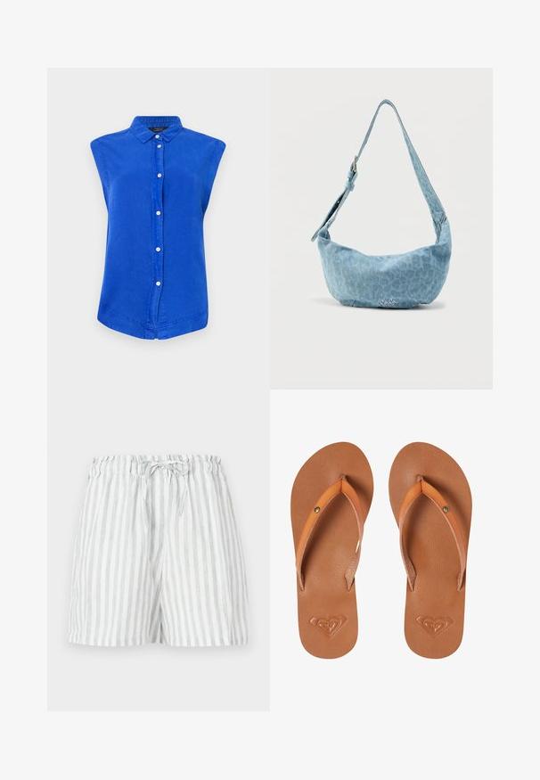 Blå ærmeløs button-up skjorte lavet af bomuld, med krave, front placket og en buet afslutning. Glat tekstur, afslappet pasform.; Linned shorts i et lys gråt og hvidt lodret stribet mønster; har en elastisk talje med en snøre til justering.; Brune syntetiske klipklapper med orange stropper, tekstureret overflade og præget hjerte-logo detalje på sålen.; Lyseblå denim skuldertaske med en buet form, justerbar rem og subtilt leopardmønster. Har en logodetalje på forsiden.