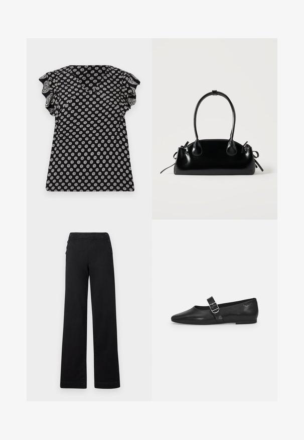 Schwarzoberteil mit floralen weißen Mustern, V-Ausschnitt, gerafften kurzen Ärmeln und figurbetontem Design, aus einem strukturierten Stoff mit kleinen Blumen.; Schwarze weite Hose mit hohem Bund, Knopfdetails an den Seiten und einer glatten Denim-Oberfläche mit einem sauberen Finish.; Schwarzer Lederflatschuh mit runder Zehenform, einem verstellbaren Schnallenriemen und einer glatten, glänzenden Oberfläche. Minimalistisches Design mit einem niedrigen Absatz.; Kleine schwarze glänzende Handtasche mit zwei langen Griffen und seitlichen Kordelzug-Details vor einfachem hellem Hintergrund.