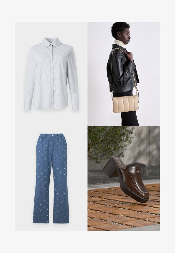 Hellblau-weiß gestreifte Button-Down-Bluse mit spitzem Kragen, langen Ärmeln und einem kleinen gestickten Logo auf der Brust.; Blaue gemusterte Hose mit einem rautenförmigen Steppdesign und kleinen dekorativen Perlen, einem elastischen Bund und einem Knopfverschluss.; Braune Leder-Calvin Klein Absatzpantolette, die über einem Holzboden mit verschwommenem grünem Pflanzen- und Wandhintergrund schwebt.; Beige Leder-Crossbody-Tasche mit gestepptem Muster, rechteckiger Form, dünnem Trageriemen und silberner Hardware, getragen von einer Person in einer schwarzen Jacke.