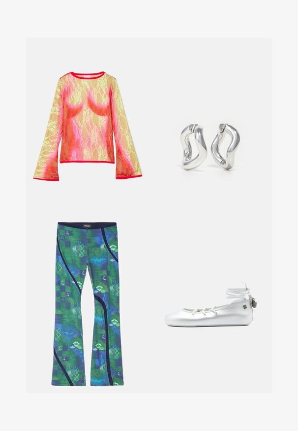 Top en dentelle à manches longues avec un dégradé de jaune, rose et rouge, col rond et manches évasées. La finition est d'un rouge vif.; Leggings en tissu extensible multicolore avec des motifs verts et bleus, des formes géométriques et des accents bleu foncé sur les côtés.; Ballerine blanche avec lien à nouer autour de la cheville, devant à lacets, et petite étiquette en métal attachée à la languette du talon, présentée sur un fond uni.; Boucles d'oreilles créoles argentées avec un design torsadé. Bords arrondis et finition brillante. Fermoirs ouverts pour un port facile. Texture lisse sur toute la surface.