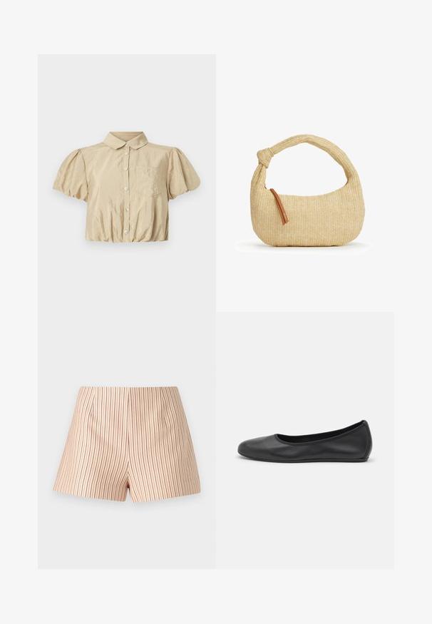 Cinq à Sept ALLINAE - Overhemdblouse - khaki; Gestreepte shorts in een lichtbeige stof met dunne rode verticale lijnen. Heeft een vlakke voorkant met minimale plooien en een rechte snit.; Zwarte leren ballerina met een ronde neus, gladde textuur, minimale stikdetails en een flexibele zoolontwerp.; Beige geweven hobo-tas met een dikke geknoopte handvat en een klein bruin leren ritstrekkertje aan de zijkant.