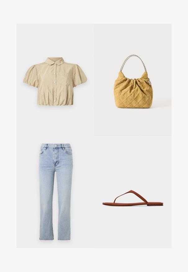 Cinq à Sept ALLINAE - Skjortebluser - khaki; Lys blå denim jeans med lige ben-design, fem lommer, en knap- og lynlåslukning samt synlige syninger.; Brun flad sandal med tynd sål og minimalistisk remdesign på en ensfarvet lys baggrund.; Blød quiltet håndtaske i sennepsgul med sølvkædehåndtag og samlet topdetalje på en ensartet lys baggrund.