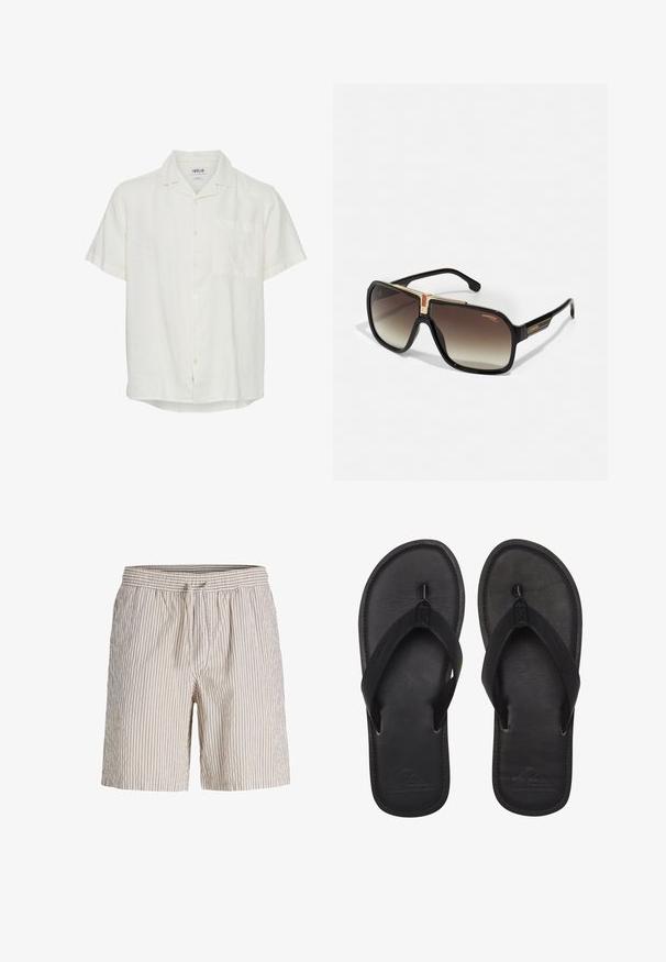 Kurzärmliges, knöpfbares Hemd aus leichtem Creme-Leinen. Mit einer Brusttasche, klassischem Kragen und subtiler Textur sowie einem geraden Saum.; Beige und weiße vertikal gestreifte Shorts mit elastischem Bund und Kordelzug, legere, leichte Stoffqualität.; Schwarze Flip-Flops aus glattem Material, mit einem Riemen im Zehensteg-Stil, strukturiertem Fußbett und geprägtem Logo auf der Sohle.; Schwarze rechteckige Sonnenbrille mit braun verlaufenden Gläsern, goldenen Metallakzenten an der Brücke und Bügeln mit dem "Carrera"-Logo.