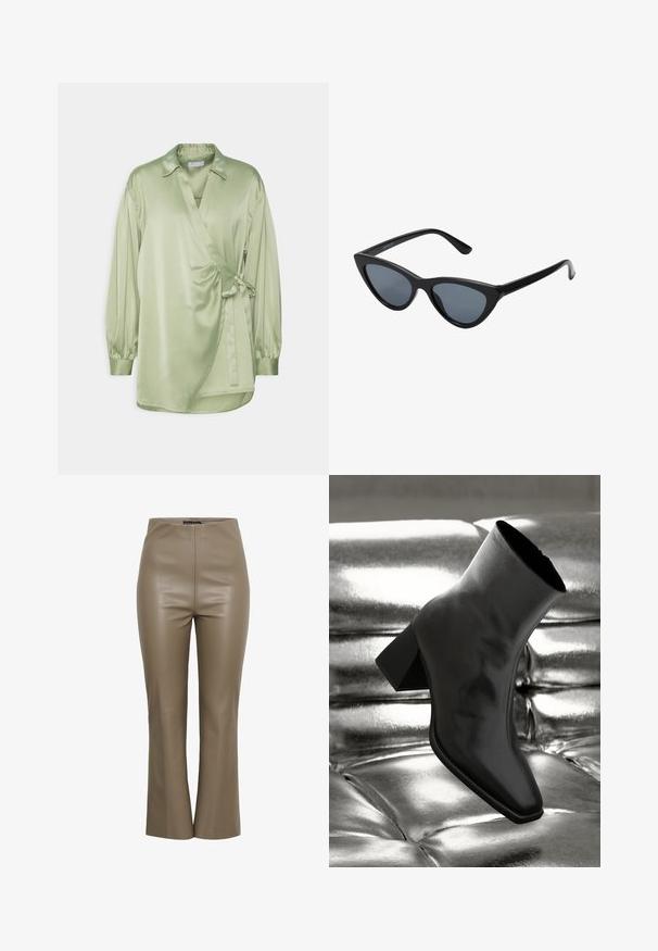 2nd Day DARSHA WAVES - Bluse - sage green; Højtaljede, lige benede bukser i taupe kunstlæder vist oprejst på en helt hvid baggrund. Ingen synlige lukninger eller lommer.; Sorte ankelstøvler lavet af glossy materiale med firkantet tå og spidse hæle, sat mod en skinnende sølv tuftet baggrund.; Sorte katteøje solbriller med mørkegrå linser, slankt plastisk stel, spidse hjørner og lige stænger. Ingen synlig hardware eller dekorationer.