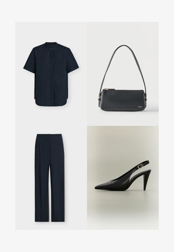 Chemise bleu marine à manches courtes avec col mandarin et patte de boutonnage dissimulée, présentée sur fond blanc.; Pantalon formel bleu marine foncé à coupe droite, plis devant et poches latérales, présenté sur un fond clair uni.; Escarpin à bride arrière en cuir noir avec bout pointu, boucle dorée et talon effilé sur un fond neutre.; Sac à bandoulière rectangulaire en cuir noir avec fermeture éclair dorée et petit logo "HUGO" doré sur le devant, doté d'une sangle réglable avec boucle.