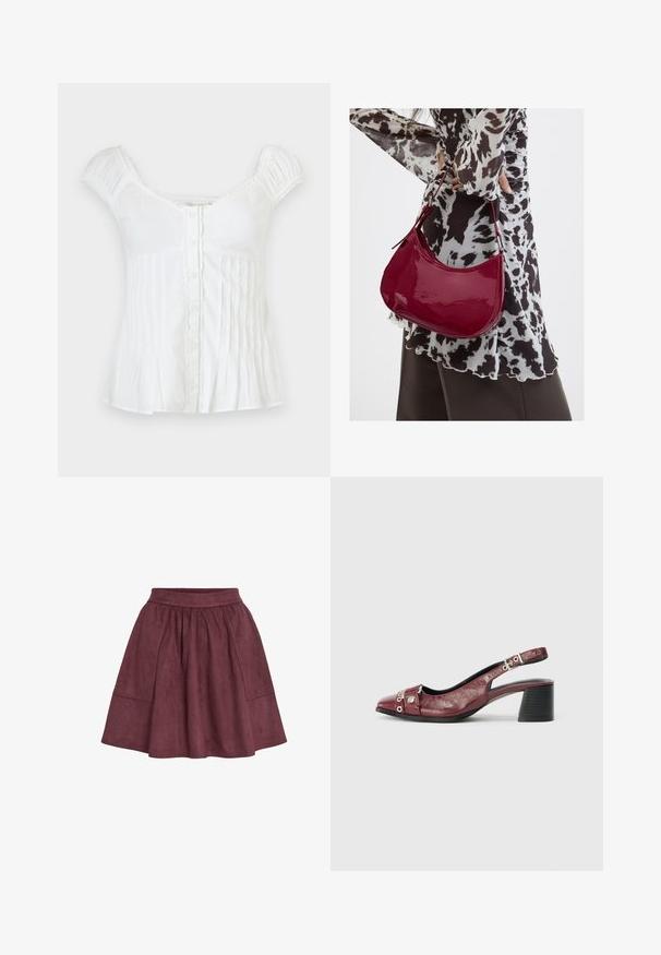 Blusa blanca de manga corta con botones delanteros, escote cuadrado, hombros fruncidos y pliegues verticales en la parte inferior.; Falda de ante burdeos con forma acampanada, cinturilla elástica y dos bolsillos laterales, que presenta una textura suave y un diseño minimalista.; Zapato slingback de cuero burdeos con punta redonda, diseño curvado, acentos de metal plateado y tacón ancho. Acabado texturizado.; Mujer con blusa de estampado en blanco y negro sosteniendo un bolso de hombro rojo brillante sobre un fondo liso.