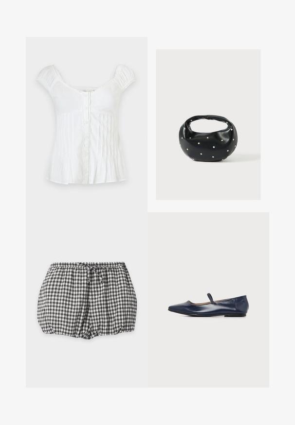 Blouse blanche à manches courtes avec boutons devant, encolure carrée, épaules froncées et plis verticaux sur la partie inférieure.; Short noir et blanc à carreaux avec taille élastique et cordon frontal, présenté sur un fond blanc uni.; Chaussure plate en cuir bleu marine avec bout pointu et une fine bride sur le dessus du pied, vue de côté sur fond blanc.; Sac à main en cuir noir de forme arrondie, décoré de clous argentés et équipé d'une poignée courte. Texture lisse et fermeture éclair.