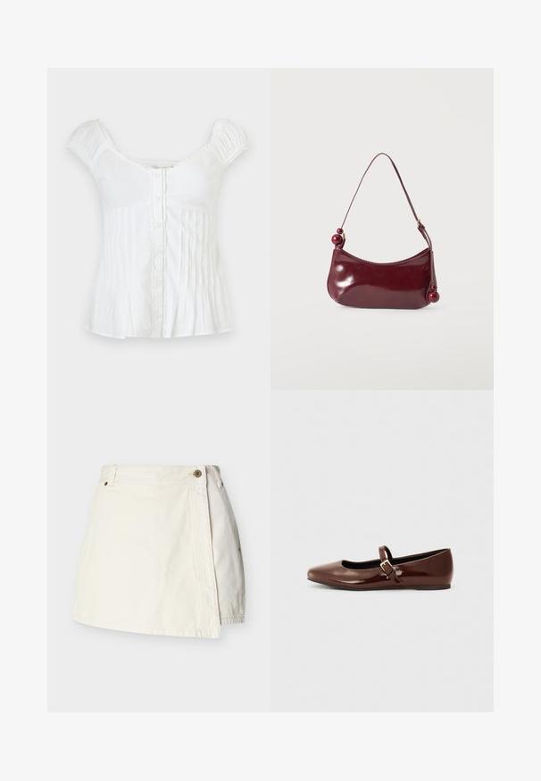 Blouse blanche à manches courtes avec boutons devant, encolure carrée, épaules froncées et plis verticaux sur la partie inférieure.; Mini-jupe en denim blanc avec devant style portefeuille, passants pour ceinture et fermeture à bouton métallique sur la taille.; Ballerine en cuir verni marron avec un bout carré et une lanière ornée d'une petite boucle dorée. Texture lisse, talon bas et design minimaliste.; Petit sac à épaule rouge foncé brillant avec un bord supérieur incurvé et des perles rondes décoratives aux extrémités de la bandoulière.