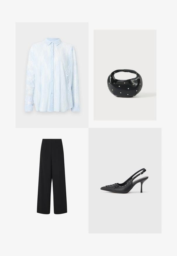 Hellblaue Damenbluse aus Spitze mit langen Ärmeln, Kragen und durchgehender Knopfleiste, mit floralen Spitzenmustern und halbtransparentem Stoff.; Schwarze, weite, knöchellange Hosen mit hohem Bund und seitlichen Taschen, die subtile vertikale Nahtdetails aufweisen.; Schwarzer Leder-Slingback-Stiletto mit spitzem Zehenaufsatz, seitlichem Schnallenriemen, Nieten entlang der Kante und dekorativer Schnürung vorne.; Schwarze Lederhandtasche mit abgerundeter Form, verziert mit silbernen Nietenakzenten und kurzem Griff. Glatte Struktur und Reißverschlussverschluss.