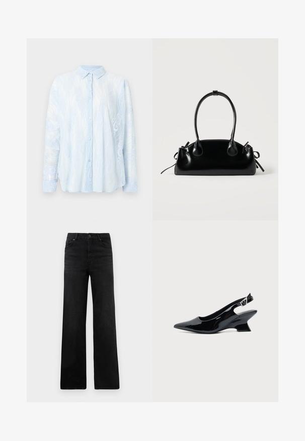 Blouse en dentelle bleu clair à manches longues pour femmes, avec col et boutonnière sur le devant, présentant des motifs floraux en dentelle et un tissu semi-transparent.; Jean en denim noir à jambe large avec un design classique à cinq poches, doté d'une fermeture à bouton et d'une texture subtile. Lignes épurées et embellissements minimalistes.; Chaussure slingback en cuir verni noir avec bout pointu et petit talon bloc incliné sur fond clair uni.; Petit sac à main noir brillant avec deux longues anses et des détails à cordon sur les côtés sur un fond clair uni.