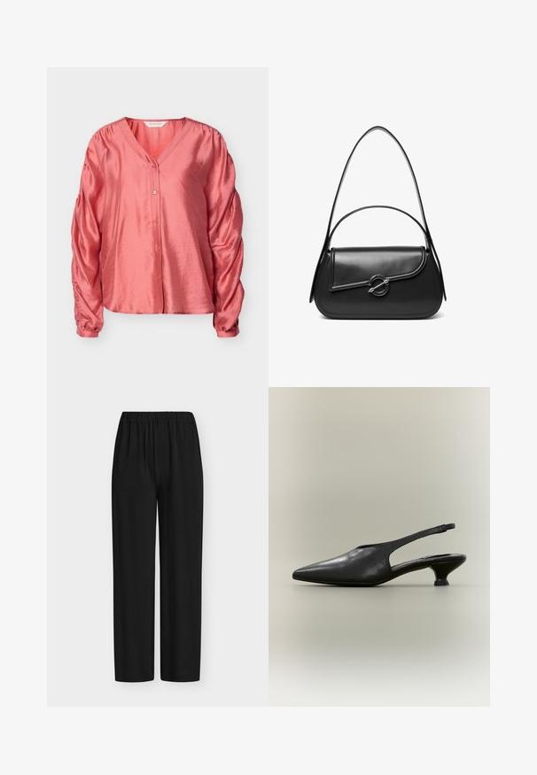Blouse en satin corail avec encolure en V, fermeture à boutons et manches bouffantes. Texture lisse avec une coupe décontractée et un éclat subtil.; Pantalon noir avec taille élastique, coupe droite, fabriqué en tissu lisse, présenté à plat sur un fond blanc.; Chaussure à bride arrière en cuir noir avec bout pointu et petit talon bas sur fond neutre.; Sac à bandoulière en cuir noir avec un rabat incurvé fermé par un fermoir métallique rond et une sangle fine et ajustable.