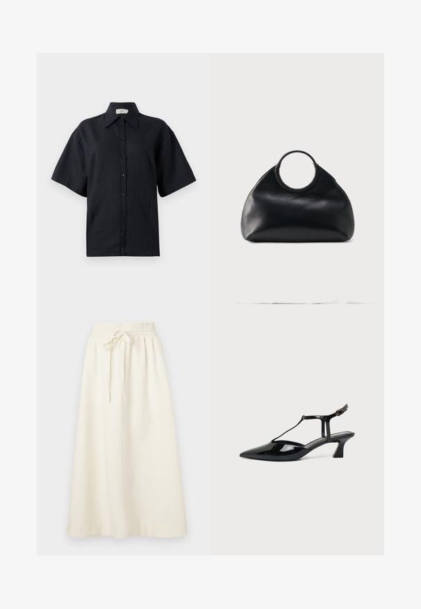 Chemise noire à manches courtes, avec un motif rayé, col évasé et fermeture par boutons sur le devant. Texture lisse, coupe décontractée.; Soulland MEIR SKIRT - Jupe longue - white; Chaussure slingback en cuir verni noir à bout pointu avec bride en T et petit talon bloc incliné sur fond blanc.; Sac à main en cuir noir de forme arrondie avec une anse supérieure circulaire enveloppée de couture en cuir assorti.