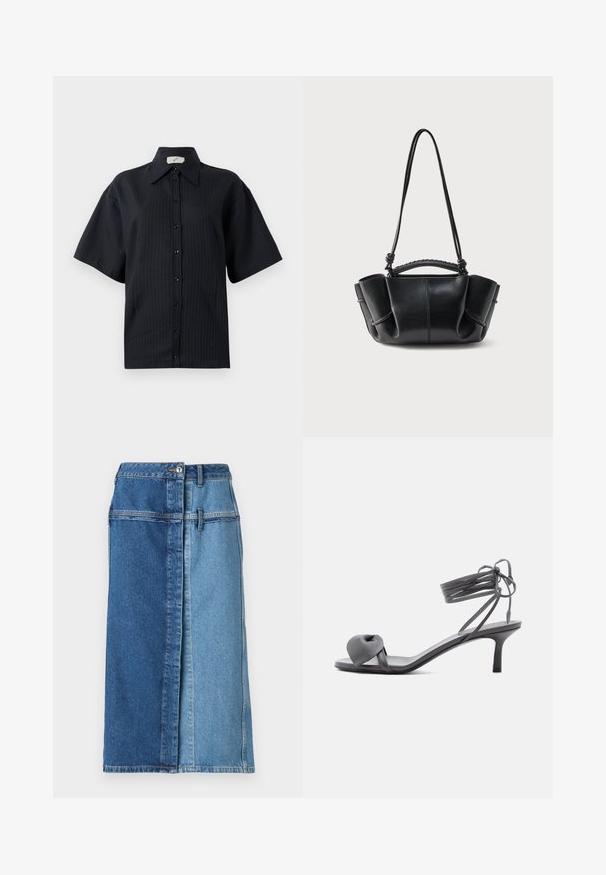 Sort knap-shirt med korte ærmer, der har et stribet mønster, spredt krave og frontknaplukning. Glat tekstur, afslappet pasform.; Denim nederdel med et farveblokdesign, der har mørkeblå på den ene side og lyseblå på den anden, med knaplukning og lommer.; Grå læder sandal med hæl, knyttet rem ved tæerne og snørebånd, der vikles om anklen, på slank mellemhøj hæl mod hvid baggrund.; Sort læderhåndtaske med en buet silhuet, opsamlede sider, flettet håndtag og en lang tynd rem mod en hvid baggrund.