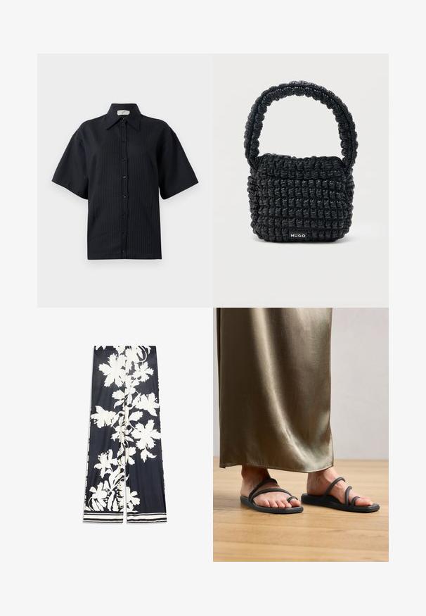 Chemise noire à manches courtes, avec un motif rayé, col évasé et fermeture par boutons sur le devant. Texture lisse, coupe décontractée.; Pantalon à jambes larges en tissu bleu marine avec un motif floral blanc. Caractérisé par une texture lisse et un ourlet rayé en détail.; Tongs en caoutchouc noir avec deux fines lanières, dotées d'une seule boucle pour l'orteil. Positionnées sur un parquet en bois à côté d'une jupe en satin de couleur vert olive.; Petit sac à main noir matelassé avec une poignée courte rembourrée et une étiquette "HUGO" à l'avant, présenté sur un fond clair uni.