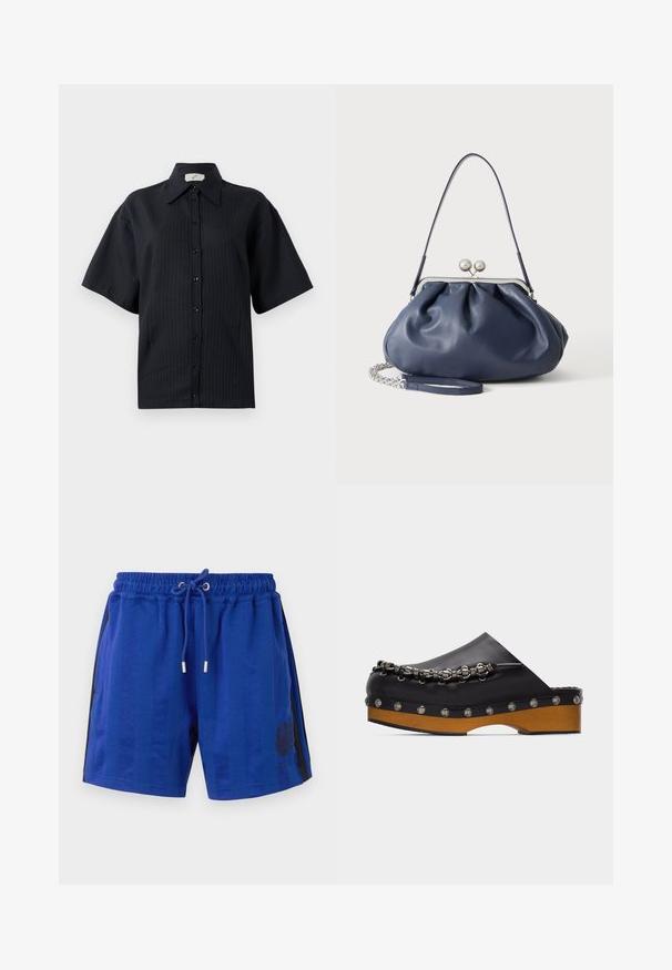Zwarte geknoopte overhemd met korte mouwen, voorzien van een gestreept patroon, een gespreide kraag en een knoopsluiting aan de voorkant. Gladde textuur, ontspannen pasvorm.; Blauwe sportieve shorts met een elastische tailleband, trekkoord, zijstrips in zwart en een bloemmotief ontwerp. Glad stoffen textuur.; Zwarte leren instapperklomp met een stevige houten zool, gestikte rand en een decoratieve zilveren kettingdetail langs de bovenkant.; Zachte navyblauwe leren handtas met zilveren sluiting, enkele schouderband en afneembare ketting polsband op witte achtergrond.
