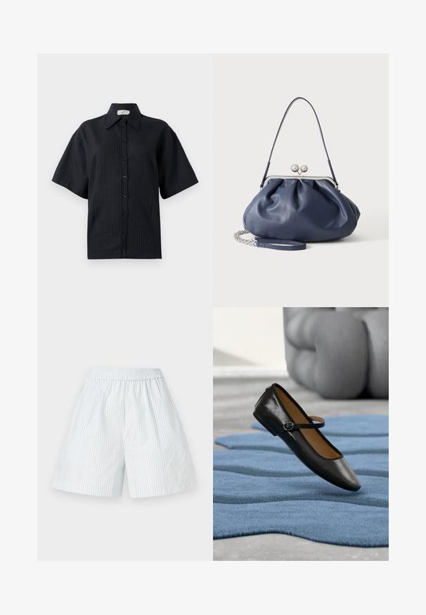 Sort knap-shirt med korte ærmer, der har et stribet mønster, spredt krave og frontknaplukning. Glat tekstur, afslappet pasform.; Lyseblå stribede shorts med elastisk talje. Fremstillet af et glat stof, prydet med lodrette hvide striber og en løs pasform.; Sort læder Mary Jane-sko med spænde, vist på et struktureret blåt tæppe, med en sløret grå tuftet sofa i baggrunden.; Blød navyblå læderhåndtaske med sølv lukning, enkelt skulderrem og aftagelig kæde til håndleddet på hvid baggrund.