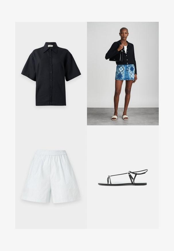 Sort knap-shirt med korte ærmer, der har et stribet mønster, spredt krave og frontknaplukning. Glat tekstur, afslappet pasform.; Lyseblå stribede shorts med elastisk talje. Fremstillet af et glat stof, prydet med lodrette hvide striber og en løs pasform.; Sort flad sandal med tynde remme, en tå-løkke og en justerbar ankelspænde på en lys grå baggrund.; Sort striktrøje, hvid top, denimnederdel med blå og sort diamantmønster, sort håndtaske og beige slidesandaler.