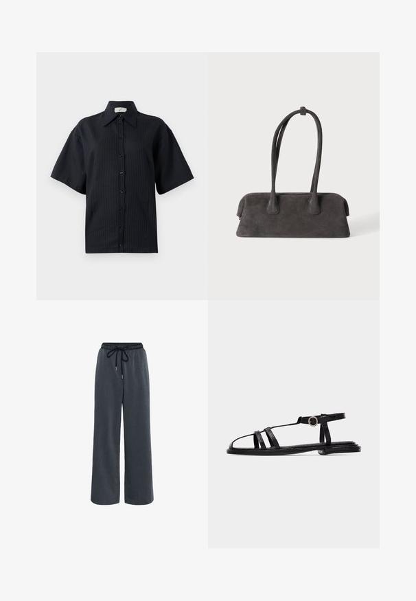Chemise noire à manches courtes, avec un motif rayé, col évasé et fermeture par boutons sur le devant. Texture lisse, coupe décontractée.; Kaffe KANEVIL - Pantalon classique - dark grey melange; Sandale plate noire avec fines lanières, boucle à la cheville et design minimaliste à bout ouvert sur un fond clair uni.; Sac à main rectangulaire en daim gris foncé avec deux longues poignées et une fermeture éclair sur un fond clair.