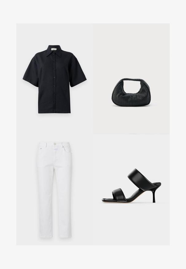 Chemise noire à manches courtes, avec un motif rayé, col évasé et fermeture par boutons sur le devant. Texture lisse, coupe décontractée.; Jeans en denim blanc avec une coupe droite, cinq poches et une fermeture à bouton en métal. Présente une texture subtile et des coutures légères.; Sandale mule en cuir noir avec deux larges brides et un talon stiletto fin de hauteur moyenne sur un fond clair uni.; Sac hobo tissé noir avec une structure souple et une poignée intégrée, présenté sur un fond clair uni.